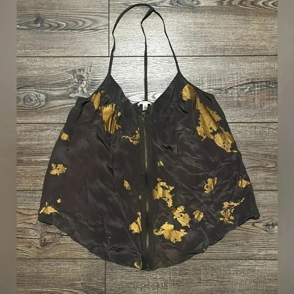 Elegant Anthropologie Silk brown and gold zipper up top medium loose fit tank - Picture 2 of 7
